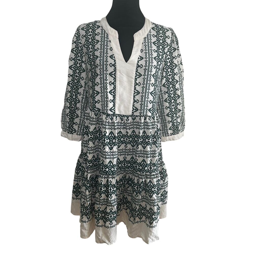 Fig & Flower Dress Boho Cream Green Tiered Knee Length SZ M Anthropologie Derby - Picture 2 of 9